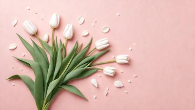 The primary subject of the image is a bouquet of white flowers, which are the main focus of the scene. The flowers are arranged on a pink background, creating a visually appealing contrast between the white flowers and the pink surface. The visual style of the image is a close-up of the flowers, showcasing their details and beauty. The colors and mood of the image are predominantly pink and white, giving it a warm and serene atmosphere.