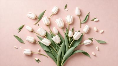 The primary subject of the image is a bouquet of white flowers, which are the main focus of the scene. The flowers are arranged in a vase, creating a visually appealing display. The setting is a pink background, which adds a touch of color and warmth to the scene. The visual style of the image is a close-up of the flowers, showcasing their details and beauty. The colors and mood of the image are predominantly white and soft, giving the scene a serene and calming atmosphere