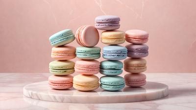 The primary subject of the image is a stack of macaroon cookies. The cookies are arranged in a visually appealing manner, with some of them placed on top of each other. The setting is a table, and the visual style is a close-up of the cookies. The colors and mood of the image are predominantly pastel, giving it a light and cheerful atmosphere.