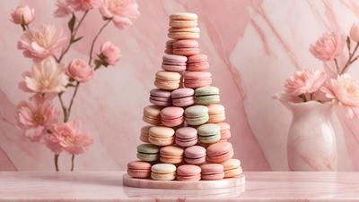 The primary subject of the image is a tower of macarons, which are stacked on top of each other. The setting is a pink marble countertop, and the visual style is a close-up of the macarons. The colors and mood of the image are predominantly pink, which adds a sense of warmth and elegance to the scene.