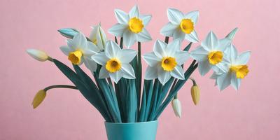 The primary subject of the image is a blue vase filled with white and yellow flowers. The vase is placed on a pink surface, which adds a contrasting color to the scene. The visual style of the image is a photo, capturing the beauty of the flowers and the vase. The colors and mood of the image are predominantly warm and inviting, with the white and yellow flowers symbolizing happiness and positivity.