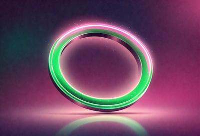 The primary subject of the image is a neon green ring. The ring is placed on a pink background, which creates a visually striking contrast between the two colors. The visual style of the image is digital art, as it appears to be a computer-generated or digitally manipulated image. The colors and mood of the image are vibrant and energetic, with the green ring and pink background creating a lively and dynamic atmosphere.
