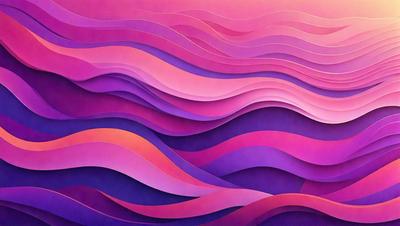 The primary subject of the image is a large, colorful painting of a wave. The setting is a wall, and the visual style is a combination of digital art and illustration. The dominant colors in the painting are purple, pink, and orange, creating a vibrant and lively atmosphere.