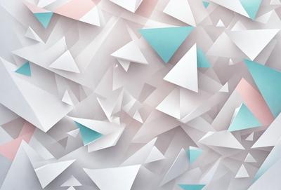 The primary subject of the image is a large white wall with a pattern of triangles. The setting is a white room, and the visual style is a combination of digital art and illustration. The dominant colors are white and blue, creating a clean and calming atmosphere.
