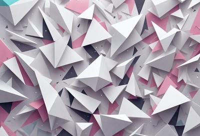 The primary subject of the image is a large, intricate, and colorful pattern made up of various geometric shapes, such as triangles and diamonds. The setting is a white background, which provides a clean and minimalist appearance. The visual style is a combination of digital art and illustration, creating a unique and eye-catching design. The dominant colors in the pattern are pink and white, giving the overall atmosphere a warm and inviting feel.