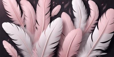 The primary subject of the image is a close-up of a pink feather. The setting is a black background, which contrasts with the pink feather. The visual style is a combination of a photo and digital art, creating a unique and eye-catching image. The dominant colors are pink and black, giving the image a bold and striking appearance.
