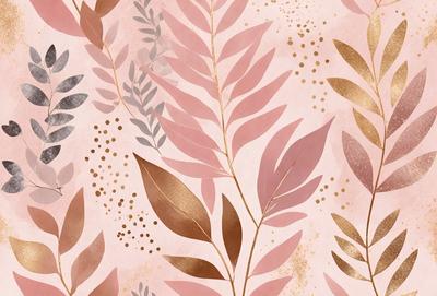 The primary subject of the image is a close-up of a leaf with gold and pink colors. The setting is a pink and gold background, which adds a sense of warmth and elegance to the scene. The visual style is a combination of digital art and illustration, creating a unique and eye-catching design. The colors and mood of the image are predominantly warm and inviting, with the gold and pink tones evoking a sense of luxury and sophistication.
