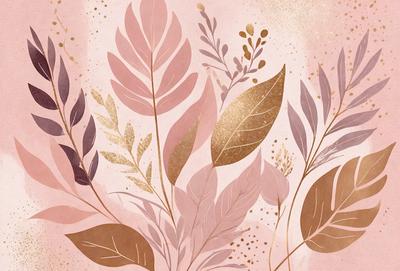 The primary subject of the image is a close-up of a pink flower with gold accents. The setting is a pink background, which adds to the overall mood of the image. The visual style is a combination of digital art and illustration, creating a unique and eye-catching design. The colors and mood of the image are predominantly pink and gold, giving it a warm and inviting atmosphere.