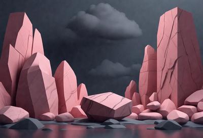 The primary subject of the image is a large pink rock formation, which appears to be a part of a mountain range. The setting is a dark, cloudy sky, creating a dramatic backdrop for the rock formation. The visual style of the image is a combination of digital art and illustration, giving it a unique and artistic appearance. The dominant colors in the image are pink and grey, with the pink rock formation being the focal point of the scene. The overall atmosphere of the image is moody and dramatic