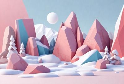 The primary subject of the image is a 3D digital art of a snowy mountain landscape. The setting is a pink and blue mountain range with a white snowy surface. The visual style is a digital artwork, and the colors and mood are predominantly pink and blue, giving the scene a warm and inviting atmosphere.