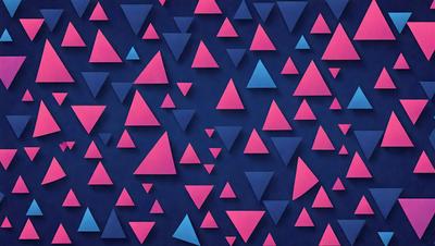 The primary subject of the image is a pattern of triangles, which are arranged in a blue and pink color scheme. The setting is a blue background, and the visual style appears to be a digital art or illustration. The dominant colors are blue and pink, creating a vibrant and lively atmosphere.