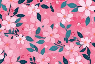 The primary subject of the image is a pink floral pattern, featuring a variety of flowers and leaves. The setting is a pink background, which complements the vibrant colors of the flowers. The visual style is a combination of digital art and illustration, creating a lively and colorful scene. The dominant colors are pink and white, giving the image a warm and cheerful atmosphere.