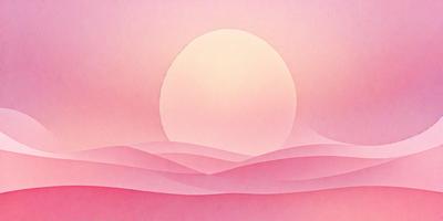 The primary subject of the image is a large, pink sunset. The sun is setting behind a mountain range, casting a warm glow over the landscape. The setting is a beautiful pink sky, which adds to the serene atmosphere of the scene. The visual style of the image is a combination of photo and digital art, creating a stunning and realistic representation of the sunset. The colors and mood of the image are predominantly pink, which adds a sense of warmth and tranquility to the scene