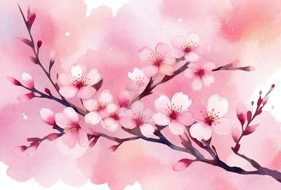 The primary subject of the image is a branch with pink flowers on it. The setting is a pink background, which adds to the overall mood of the scene. The visual style is a watercolor painting, giving the image a delicate and artistic appearance. The dominant colors are pink and white, creating a warm and inviting atmosphere.