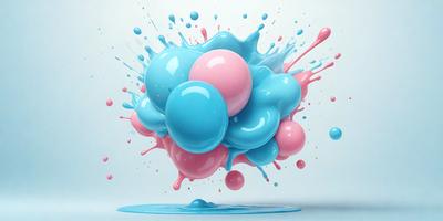 The primary subject of the image is a large, colorful, and abstract artwork featuring a cluster of three balls, each with a different color. The setting is a white background, which provides a clean and minimalist appearance. The visual style is a combination of digital art and illustration, creating a vibrant and dynamic scene. The colors and mood of the image are predominantly pink, blue, and green, giving it a lively and cheerful atmosphere.