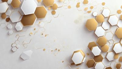 The primary subject of the image is a white background with a pattern of gold hexagons. The setting is a white wall, and the visual style is a combination of digital art and illustration. The dominant colors are white and gold, creating a clean and elegant atmosphere.