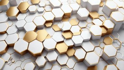The primary subject of the image is a pattern of hexagonal shapes, which are arranged in a honeycomb-like structure. The setting is a white background, which provides a clean and minimalist appearance. The visual style is a combination of digital art and illustration, creating a unique and intricate design. The dominant colors are gold and white, giving the pattern a warm and elegant feel.