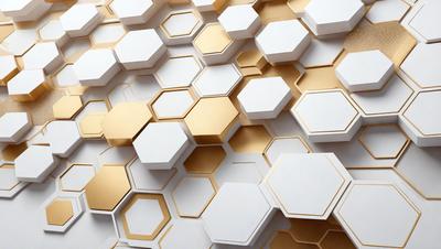 The primary subject of the image is a pattern of hexagonal shapes, which are arranged in a honeycomb-like structure. The setting is a white wall, and the visual style appears to be a combination of digital art and illustration. The dominant colors in the image are white and gold, creating a clean and elegant atmosphere.