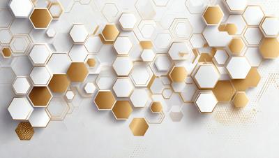 The primary subject of the image is a pattern of hexagons, which are arranged in a honeycomb-like structure. The setting is a white background, and the visual style appears to be a combination of digital art and illustration. The dominant colors in the image are gold and white, creating a warm and clean atmosphere.