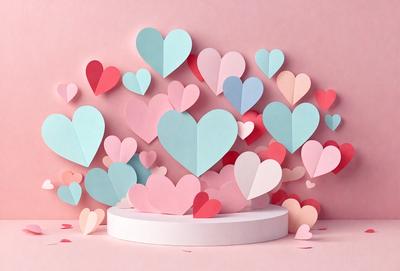 The primary subject of the image is a collection of hearts made from paper. These hearts are arranged in various shapes and sizes, creating a visually appealing display. The setting is a pink background, which adds to the overall mood of the scene. The visual style of the image is a combination of digital art and illustration, as the hearts are carefully crafted and placed on a white surface. The dominant colors in the image are pink and various shades of red, which evoke a sense of warmth and love.