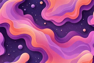 The primary subject of the image is a colorful, abstract painting featuring a purple background with a variety of colors and shapes. The setting is a space-themed painting, with a backdrop of stars and planets. The visual style is a combination of digital art and illustration, creating a vibrant and dynamic scene. The dominant colors are purple, pink, and orange, giving the painting a warm and lively atmosphere.