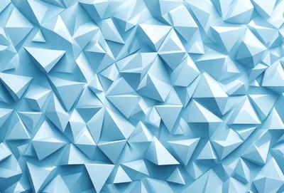 The primary subject of the image is a blue wall with a pattern of white triangles. The setting is a room with a blue background, and the visual style is a combination of digital art and illustration. The dominant colors are blue and white, creating a calm and soothing atmosphere.