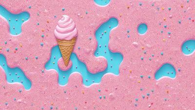 The primary subject of the image is a pink and white ice cream cone. The setting is a pink and blue background, which adds a playful and fun atmosphere to the scene. The visual style is a combination of digital art and illustration, creating a vibrant and colorful image. The dominant colors are pink and white, which are associated with the ice cream cone, while the blue and pink background adds a lively and cheerful mood to the scene.