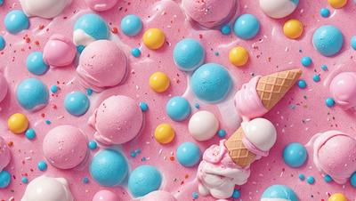 The primary subject of the image is a close-up of a pink and white frosting cake with various colorful candy balls on top. The cake is placed on a pink surface, which adds to the overall colorful and vibrant atmosphere of the scene. The visual style of the image is a close-up, which emphasizes the details of the cake and the candy balls. The colors and mood of the image are predominantly pink and white, with the addition of the colorful