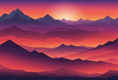The primary subject of the image is a mountain range with a sunset in the background. The setting is a beautiful landscape with a vibrant sky, and the visual style is a combination of digital art and illustration. The colors and mood of the image are warm and inviting, with the sunset casting a golden glow over the mountains.