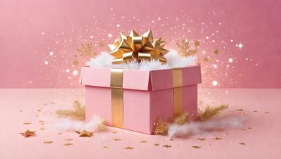 The primary subject of the image is a pink box with a gold bow on top, which is placed on a pink background. The visual style of the image is a photo, and the colors and mood are predominantly pink and warm, creating a festive and celebratory atmosphere.