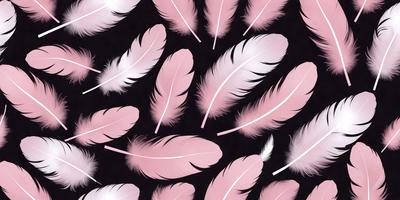 The primary subject of the image is a pattern of pink and white feathers. The feathers are arranged in a visually appealing manner, creating a sense of depth and dimension. The setting is a black background, which contrasts with the vibrant colors of the feathers. The visual style of the image is a combination of digital art and illustration, giving it a unique and artistic appearance. The dominant colors in the image are pink and white, which evoke a sense of warmth and elegance.
