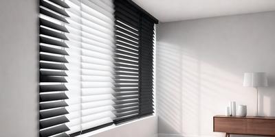 The primary subject of the image is a window with a black shade. The setting is a room with a white wall, and the visual style is a photo. The colors and mood of the image are predominantly white and neutral, creating a calm and serene atmosphere.