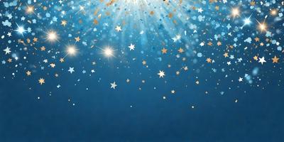 The primary subject of the image is a blue background with a pattern of stars. The setting is a night sky, and the visual style is a digital art or illustration. The dominant colors are blue and gold, creating a serene and peaceful atmosphere.