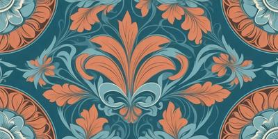 The primary subject of the image is a decorative design featuring a large, colorful flower with a blue background. The flower is the main focus of the image, and it is surrounded by a patterned background. The visual style of the image is a combination of digital art and illustration, creating a vibrant and eye-catching design. The dominant colors in the image are blue, orange, and red, which contribute to a lively and energetic atmosphere.