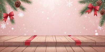 The primary subject of the image is a wooden floor with a red ribbon tied around it. The setting is a room with a pink wall and a snowy background. The visual style is a combination of photo and digital art, creating a unique and festive atmosphere. The dominant colors are red and white, with the red ribbon adding a touch of warmth and celebration to the scene.