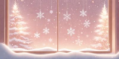 The primary subject of the image is a window with a snowy scene outside. The setting is a winter landscape with snow covering the ground. The visual style is a digital art or illustration, creating a warm and cozy atmosphere. The colors and mood are predominantly white, with the snowy scene and the window frame adding a touch of warmth to the overall composition.