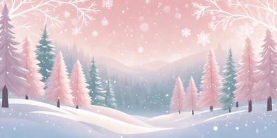 The primary subject of the image is a snowy mountain landscape with pink trees. The setting is a wintery mountain range, and the visual style is a digital art or illustration. The dominant colors are pink and white, creating a serene and peaceful atmosphere.