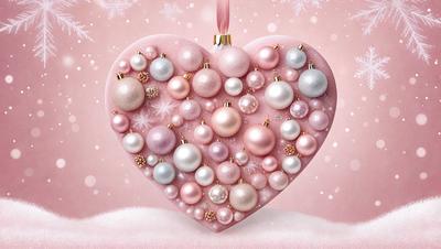 The primary subject of the image is a heart-shaped ornament made of pink and white beads. The heart is filled with various pink and white beads, creating a visually appealing and festive decoration. The setting is a snowy background, which adds a touch of winter charm to the scene. The visual style of the image is a combination of digital art and illustration, creating a unique and eye-catching design. The colors and mood of the image are predominantly pink and white,