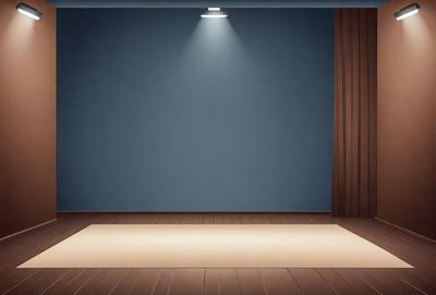 The primary subject of the image is a large, empty room with a blue wall. The setting is a dark room with a single light source, creating a dramatic atmosphere. The visual style is a black and white photo, which adds a sense of depth and contrast to the scene. The colors and mood of the image are predominantly dark and moody, with the blue wall and the single light source creating a sense of mystery and intrigue.