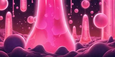 The primary subject of the image is a large, pink, bubbly object, which appears to be a part of a digital art or illustration. The setting is a dark, purple background, which adds to the overall mood of the scene. The visual style is a combination of photo and digital art, creating a unique and intriguing image. The dominant colors are pink and purple, which contribute to the overall atmosphere of the image.