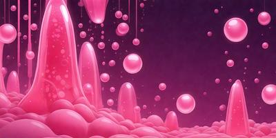 The primary subject of the image is a purple, pink, and white background with a variety of bubbles floating in the air. The setting appears to be a dark, possibly futuristic, environment. The visual style is a combination of digital art and illustration, creating a unique and captivating scene. The dominant colors in the image are purple, pink, and white, giving the background a vibrant and lively atmosphere.