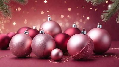 The primary subject of the image is a group of pink ornaments, including Christmas balls and pearl ornaments, arranged on a table. The setting is a table with a red background, and the visual style is a combination of photo and digital art. The colors and mood of the image are predominantly pink, creating a warm and festive atmosphere.