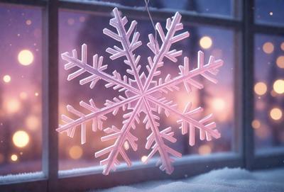 The primary subject of the image is a snowflake ornament hanging in front of a window. The setting is indoors, with the window providing a view of the outdoors. The visual style is a combination of photo and digital art, creating a realistic yet artistic representation of the snowflake. The colors and mood of the image are predominantly white, with the snowflake ornament adding a touch of warmth and festivity to the scene.