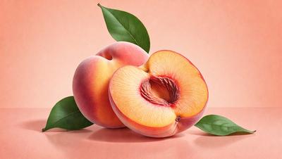 The primary subject of the image is a close-up of a peach with a leaf on it. The peach is placed on a pink surface, which adds a vibrant and warm atmosphere to the scene. The visual style of the image is a photo, capturing the details of the peach and the leaf. The colors and mood of the image are predominantly pink and warm, creating a sense of freshness and natural beauty.