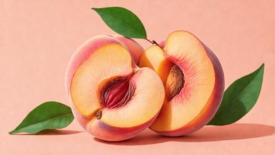 The primary subject of the image is a close-up of two peaches, one on the left and the other on the right. They are placed on a pink background, which adds a vibrant and warm atmosphere to the scene. The visual style of the image is a photo, capturing the natural beauty of the peaches. The colors and mood of the image are predominantly pink, which creates a sense of freshness and warmth.