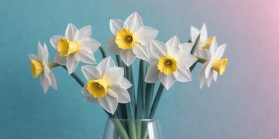 The primary subject of the image is a vase filled with white and yellow flowers. The vase is placed on a blue surface, which serves as the setting or background. The visual style of the image is a photo, capturing the beauty of the flowers in their natural environment. The colors and mood of the image are predominantly white and yellow, creating a sense of freshness and warmth.