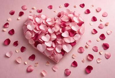 The primary subject of the image is a heart-shaped arrangement of pink petals, which are likely rose petals. The heart is placed on a pink surface, creating a visually appealing and romantic scene. The setting appears to be a close-up of the heart, emphasizing its shape and the delicate petals. The visual style of the image is a combination of a photo and digital art, as the heart is composed of petals that are carefully arranged to resemble a heart shape. The colors and m