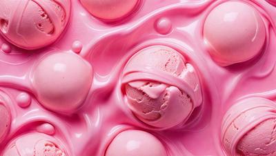 The primary subject of the image is a pink frosting-covered cake with a scoop of pink ice cream in the middle. The cake is placed on a pink surface, which adds to the overall color theme of the scene. The visual style of the image is a close-up of the cake, showcasing its delicious appearance. The colors and mood of the image are predominantly pink, creating a warm and inviting atmosphere.