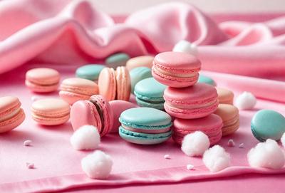 The primary subject of the image is a pink surface with a variety of macaroon cookies scattered across it. The cookies come in different colors and are arranged in stacks, creating an appealing and colorful display. The setting appears to be a dining table, and the visual style is a close-up of the cookies on the pink surface. The overall atmosphere is cheerful and inviting, with the vibrant colors of the cookies and the pink background creating a pleasant and appetizing scene.