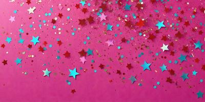 The primary subject of the image is a pink background with gold stars scattered across it. The setting appears to be a festive or celebratory environment, possibly for a birthday or other special occasion. The visual style of the image is a combination of digital art and illustration, creating a vibrant and lively atmosphere. The dominant colors are pink and gold, with the gold stars adding a touch of glamour and excitement to the scene.